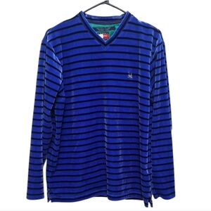 Tommy Hilfiger Long Sleeve Blue V Neck Striped Velvet Sweater Size M